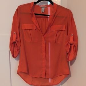 Women's Red Orange Button-Up Blouse, Size 6